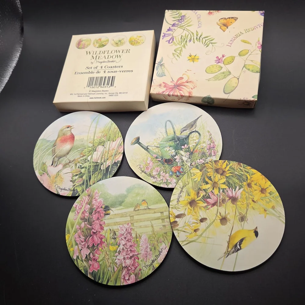 Marjolein Bastin Wildflower Meadow Coasters Set of 4 Birds Flowers Cork Base